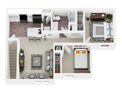 Floor plan for 2 beds, 1 bath, 929 sqft